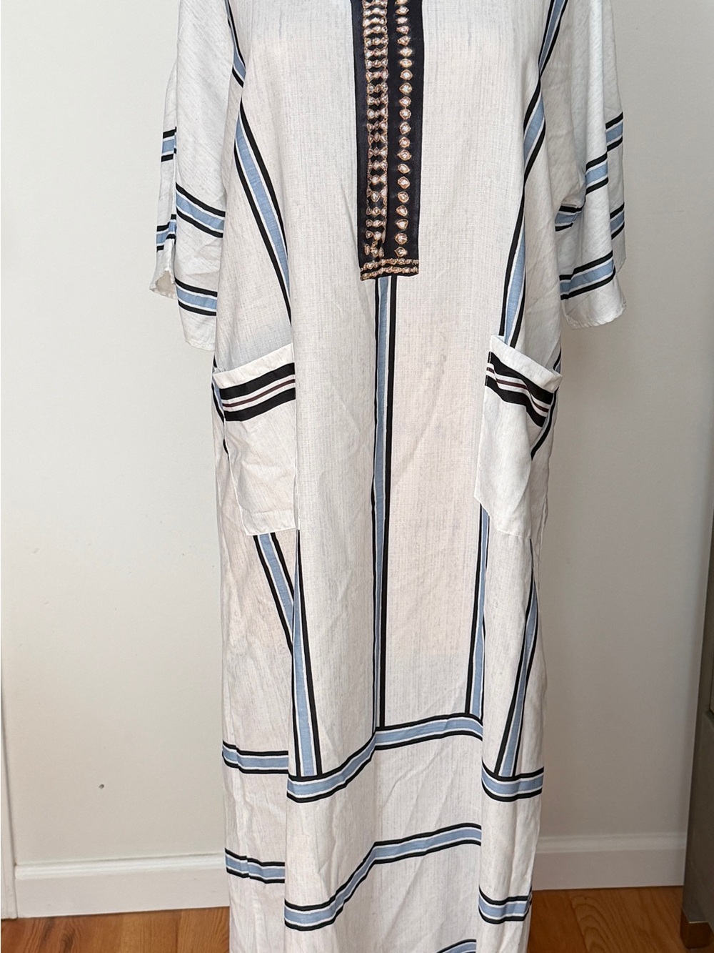 Embroidered Placket White Maxi Dress with Blue Stripes
